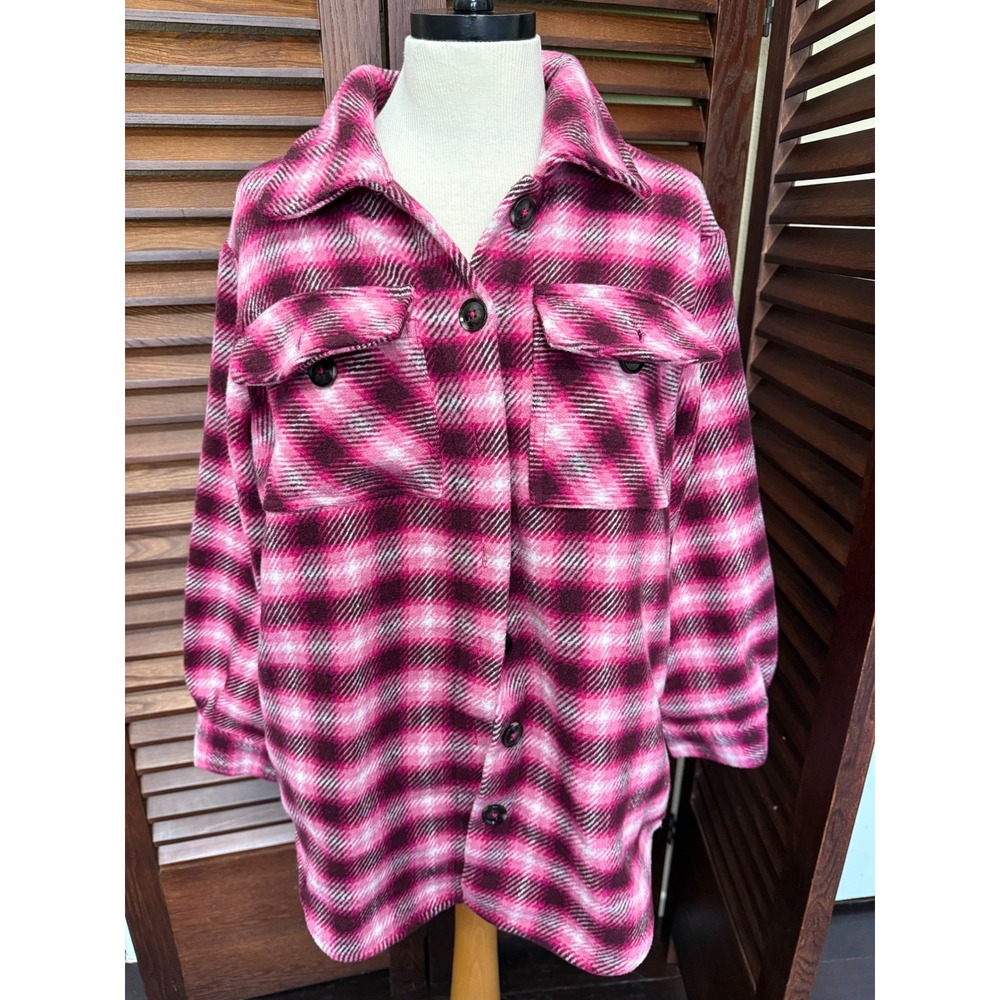 Time and Tru Pink Plaid Shacket Button Front Shirt Jacket Small 4-6